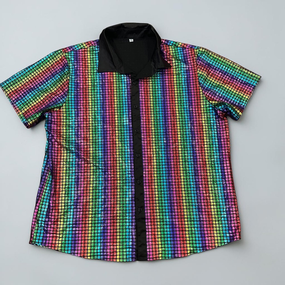 Mens 2XL Rainbow Metallic Disco Shirt Short Sleeve Shiny Pride Party Festival